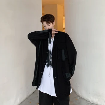 2023 האביב קוריאני סגנון ייחודי כיס עיצוב החליפה גברים מזדמנים שחור רופף בלייזר לגברים M-XL