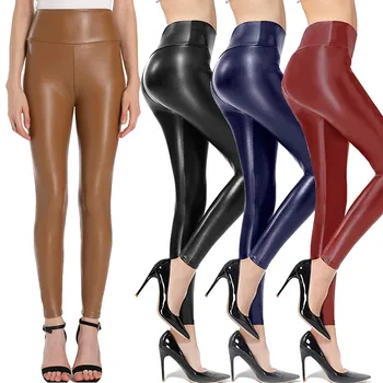 Pu עור חותלות מכנסיים נשים גבוהה המותניים רזה לדחוף את חותלות סקסיות אלסטי מכנסיים למתוח בתוספת גודל חותלות מכנסיים